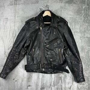 Leather Motorcycle Jacket 90s Mens 42 Black Biker Asymmetrical Belted Epaulets
